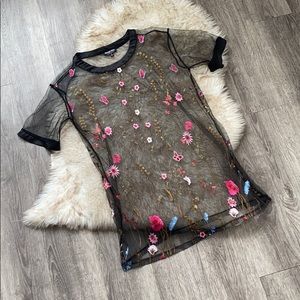 Sheer flower embroidered black mesh Long tee